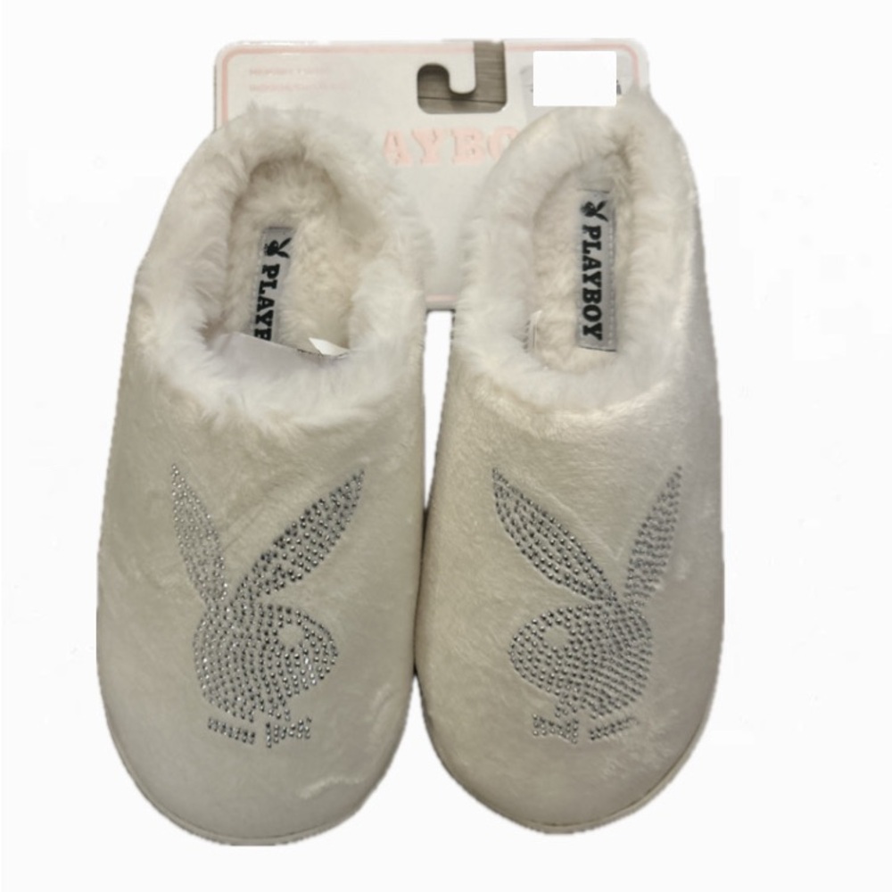 Playboy Cream Plush Slippers with Logo